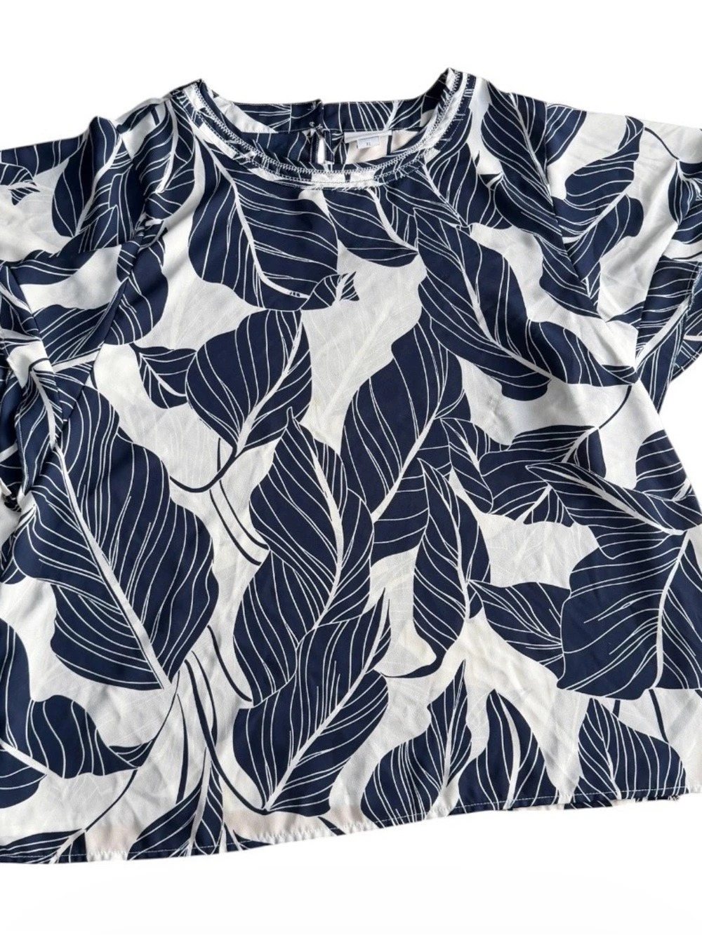 Liz Claiborne XL Navy Blue White Palm Leaf Short Sleeve Blouse Keyhole Back